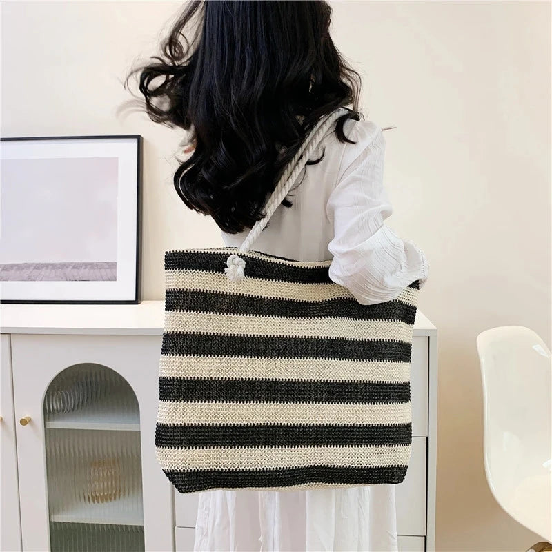 Woven Straw Shoulder Bag Large Capacity Striped 2 Handle Shoulder Bag