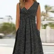 Sizes to 6 XL, Casual V-Neck, Empire Waist, Short Sleeve, Breathable, A-Line Dress with Pockets