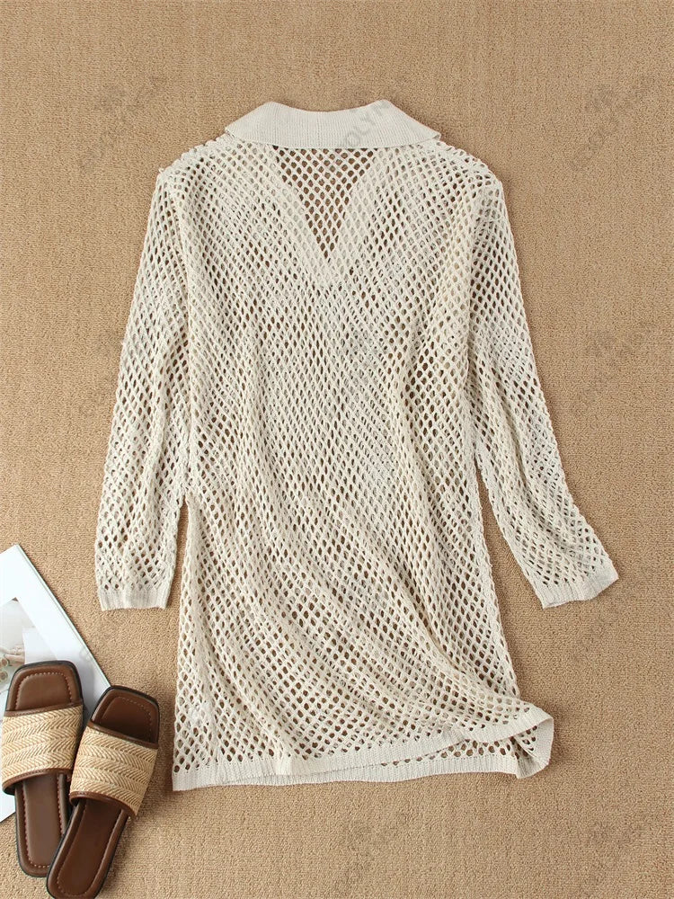 Solid Color Beach Knit Mini Dress, Long Sleeve Swimsuit Cover Up, Boho Holiday Loose Overwear
