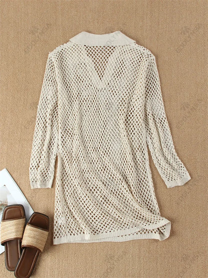 Solid Color Beach Knit Mini Dress, Long Sleeve Swimsuit Cover Up, Boho Holiday Loose Overwear