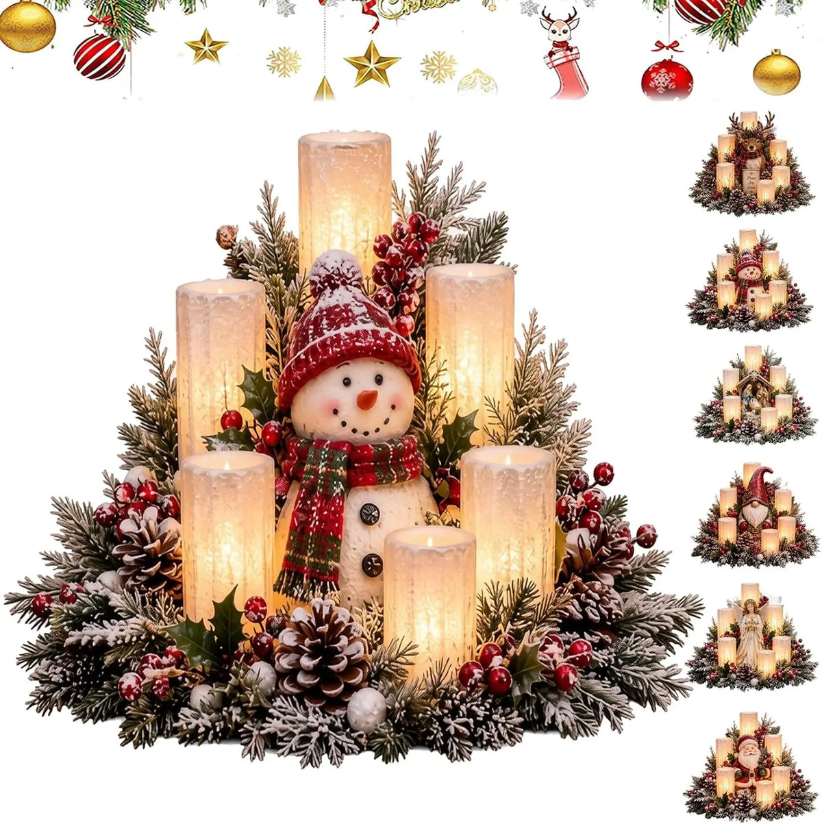 Christmas Lighted Table Centerpiece, Flameless Candle Glow, 8 Designs