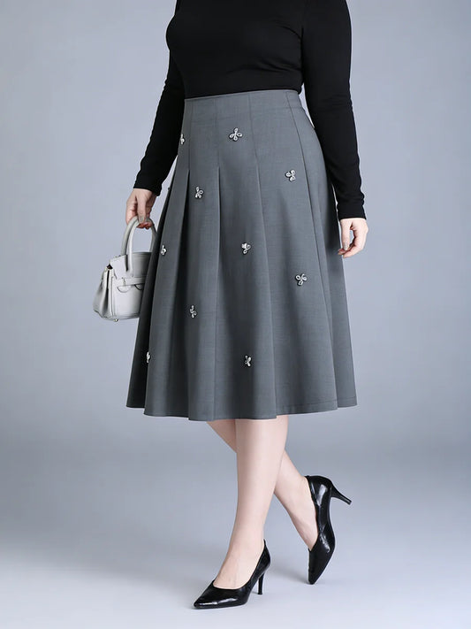 Plus Size to 5XL High Waist, Button, Pleated A-Line Bottoms Stretchy Midi Skirt