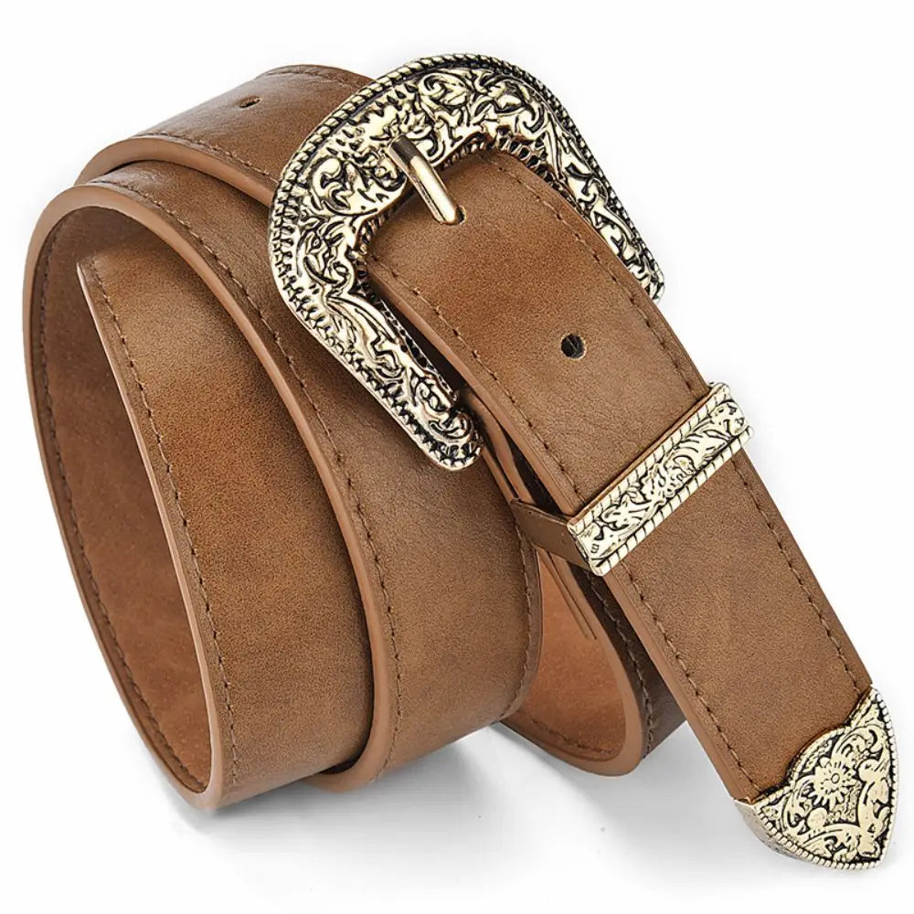 Vintage Carved Needle Buckle Belt PU Leather Belt