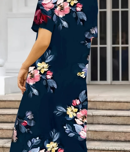 Loose Casual Floral Printed Dress with Pockets, Short Sleeves, and a Scoop Neck
