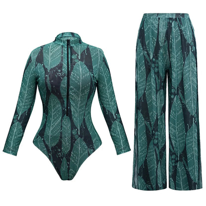 One-Piece Swimsuit Sun Protection Long Sleeves Beachwear With Pants