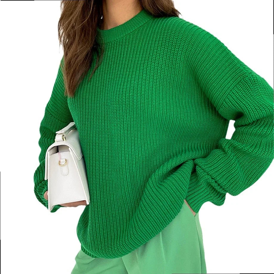 Chunky Knit Oversized Crew-Neck Pullover Sweater, 16 Colors