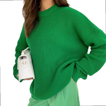 Chunky Knit Oversized Crew-Neck Pullover Sweater, 16 Colors