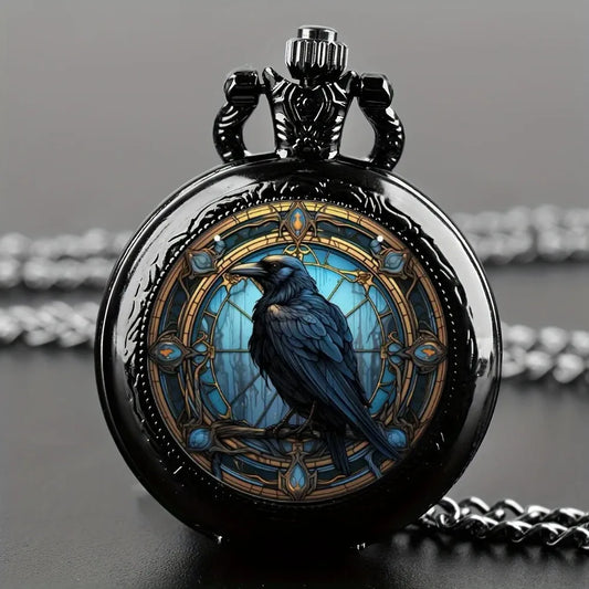 Unique Vintage Black Crow Mini Quartz Pocket Watch, Necklace Pendant With World Time Feature,