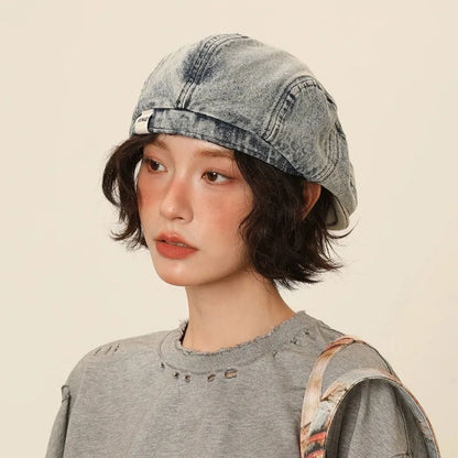 Quality Retro Pre-Washed Denim Beret Versatile Good Face-forward Hat