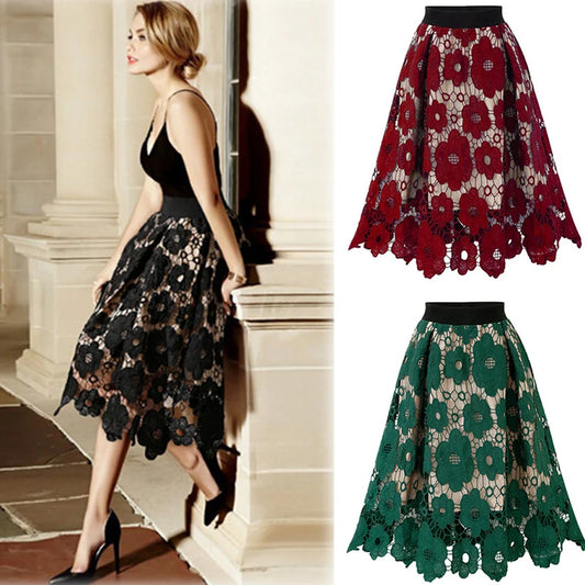 Sizes to 4XL, Lace Overlay, Vintage Mesh Plus Size Skirt with Elastic Waist A-Line Midi