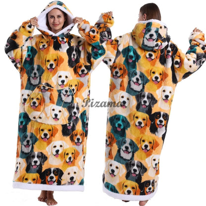 Super Long Flannel Pullover Night Shirt with Pocket and Hood, Super Snuggly for Men and Women, 12 Different Prints