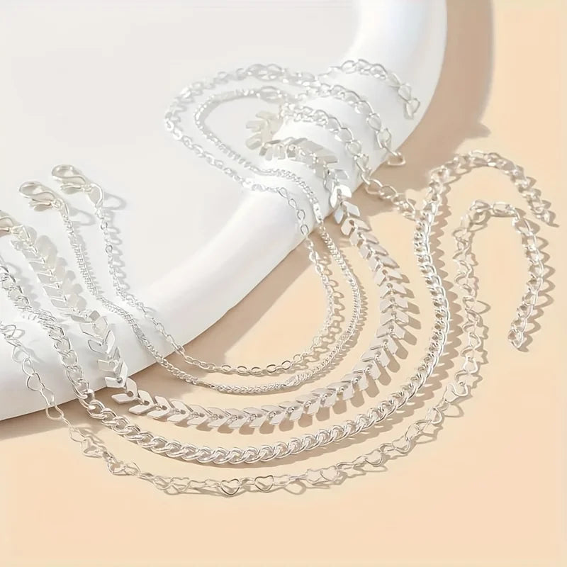 Boho 5Pcs Vintage Aesthetics Heart Chain Ankle Bracelets