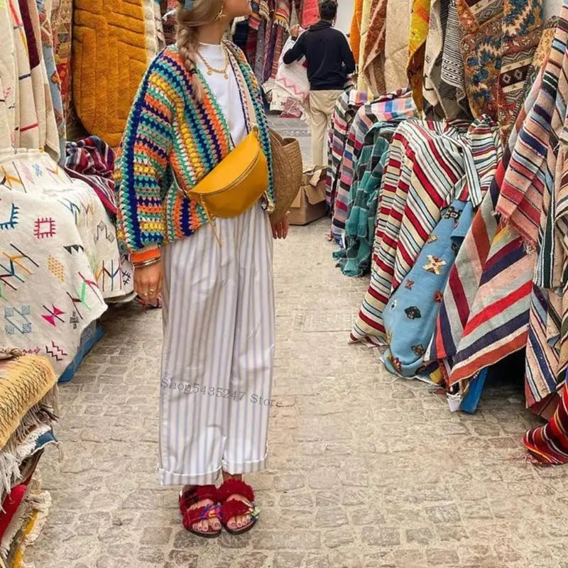 Rainbow Striped Knit Open Front Cardigan Long Sleeved Colorful Loose Knit Outerwear