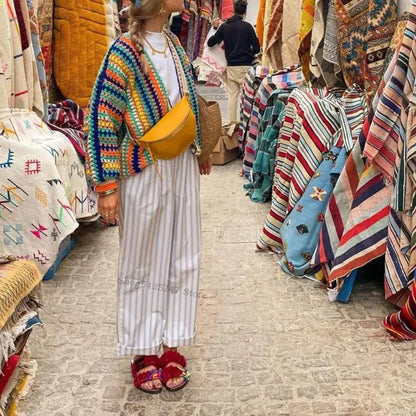 Rainbow Striped Knit Open Front Cardigan Long Sleeved Colorful Loose Knit Outerwear
