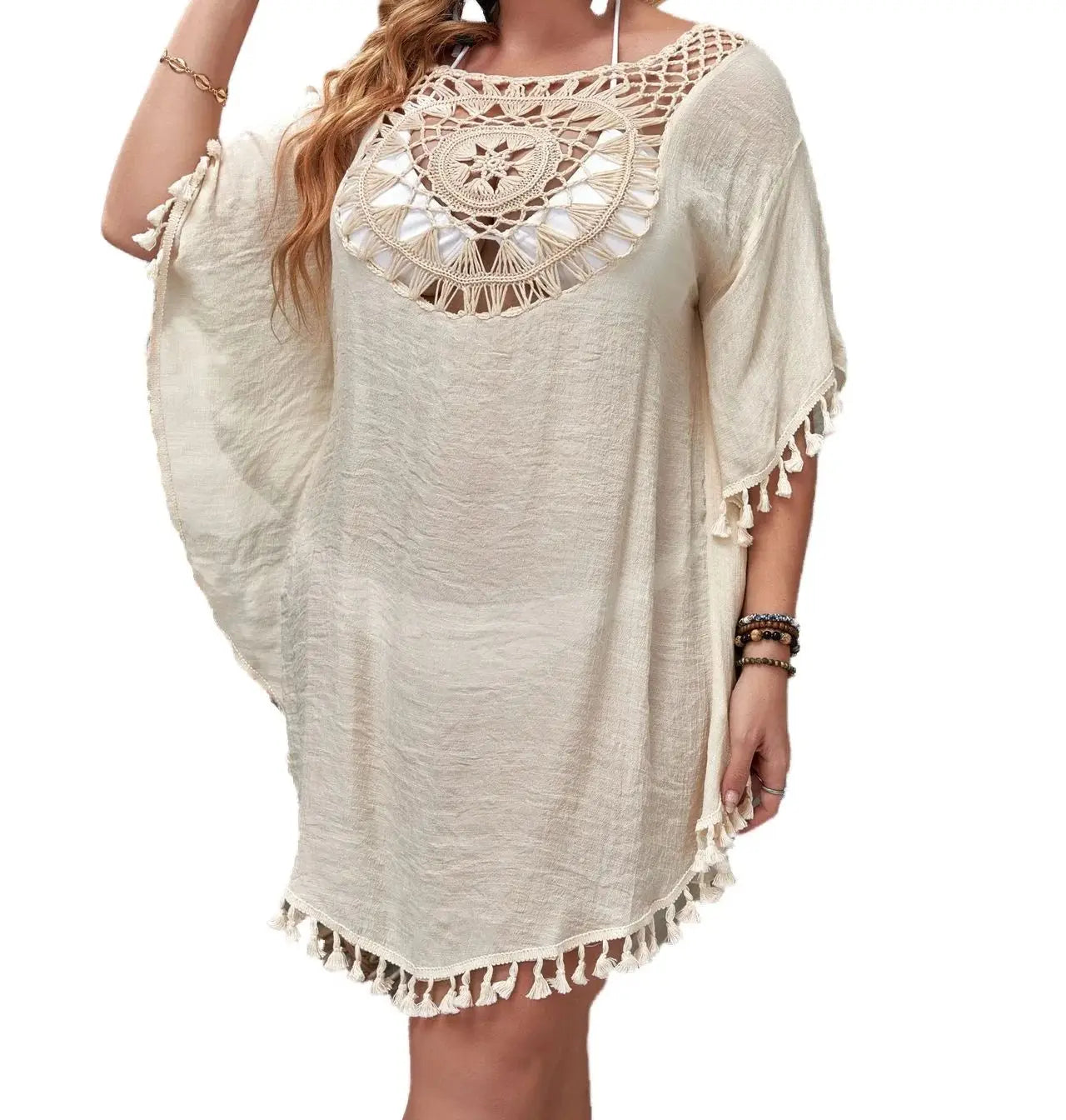 To 3XL CROCHET BIKINI-Plus Size Beach Tunic for Women, Swimwear, Sun Protection Clothes, Cover Up Swim Dress