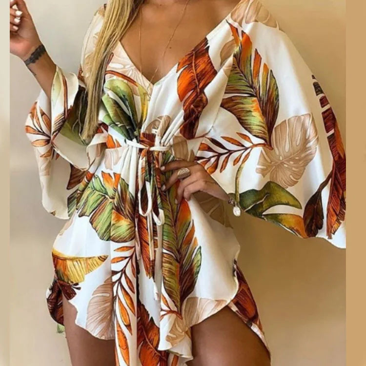 Boho Print Mini Dress or Beach Cover-Up in 12 different Prints, V-Neck, Bat Sleeves, Short Angular Hem, Gathered Waist