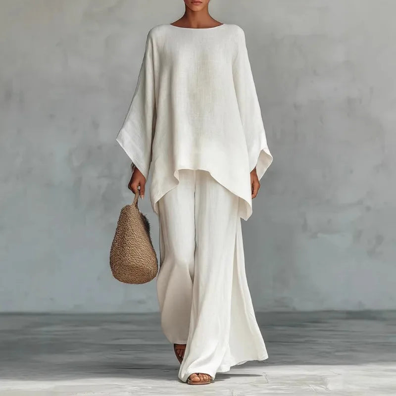 Retro Loose Linen, Long-Sleeved, Extra-Wide Legged Pantsuit, Angled Hem on Top Hem and Sleeves. Comes in Wine Red, White, Grey, Black, and Khaki