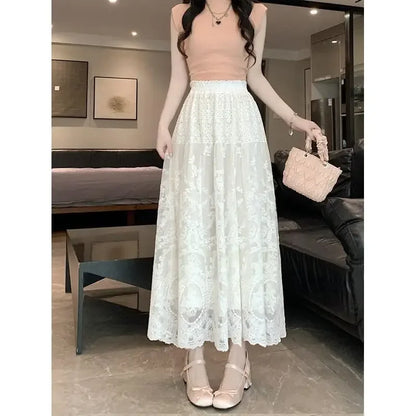 Plus Size to 4XL Lace Midi Skirt  Elastic Waist