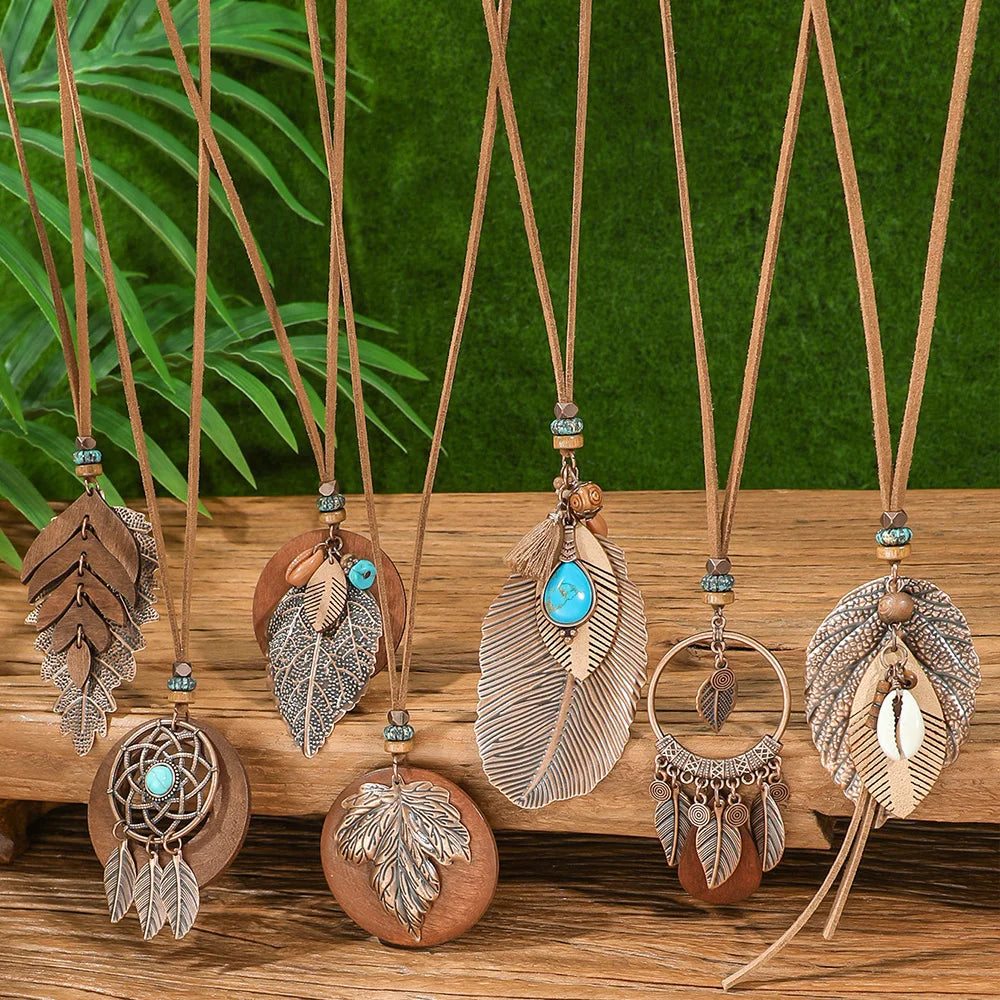 7 piece Boho Long Necklace Set, Brown Pendant Necklaces: Turquoise Shell Design Tribal Jewelry