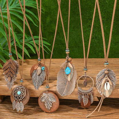 7 piece Boho Long Necklace Set, Brown Pendant Necklaces: Turquoise Shell Design Tribal Jewelry