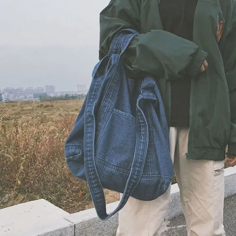 Large Capacity Denim Crossbody Shoulder Bag or Short Handle Handbag