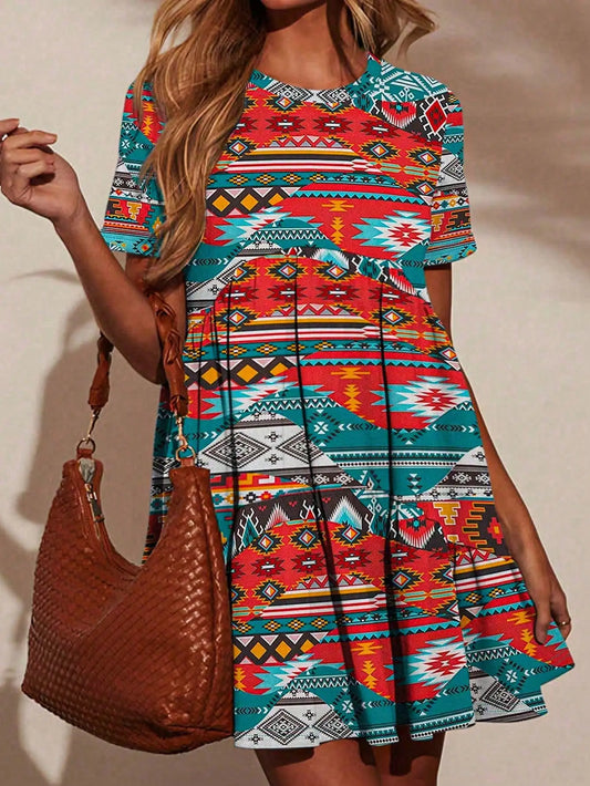 Short-Sleeve Round Neck Short Dress or Long Top Retro Ethnic Style