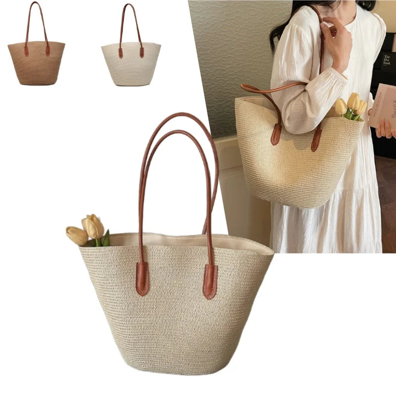 Large Capacity Straw Tote Shopper Bag With Shoulder Straps