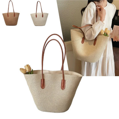 Large Capacity Straw Tote Shopper Bag With Shoulder Straps