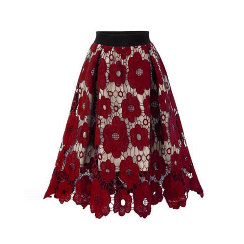 Sizes to 4XL, Lace Overlay, Vintage Mesh Plus Size Skirt with Elastic Waist A-Line Midi