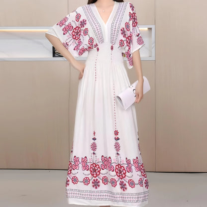 Bohemian Dress, Striped Colorful Flower Print, V-Neck, Elastic Waist, Large Swing Skirt, Batwing Sleeves