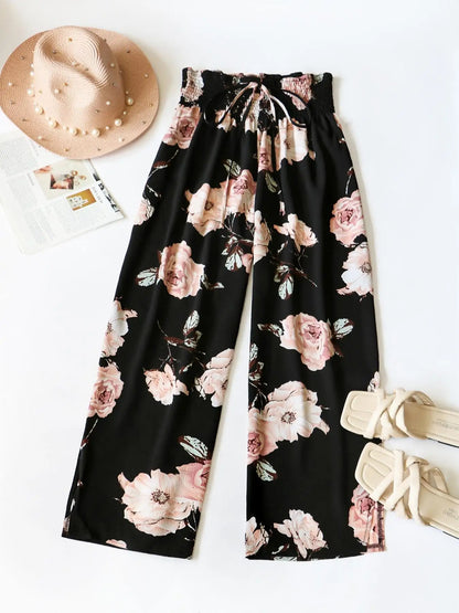 Boho Plus Size Up to 4XL Floral Print Wide Leg, High Elastic Waist with Tie Trousers.  2 Designs