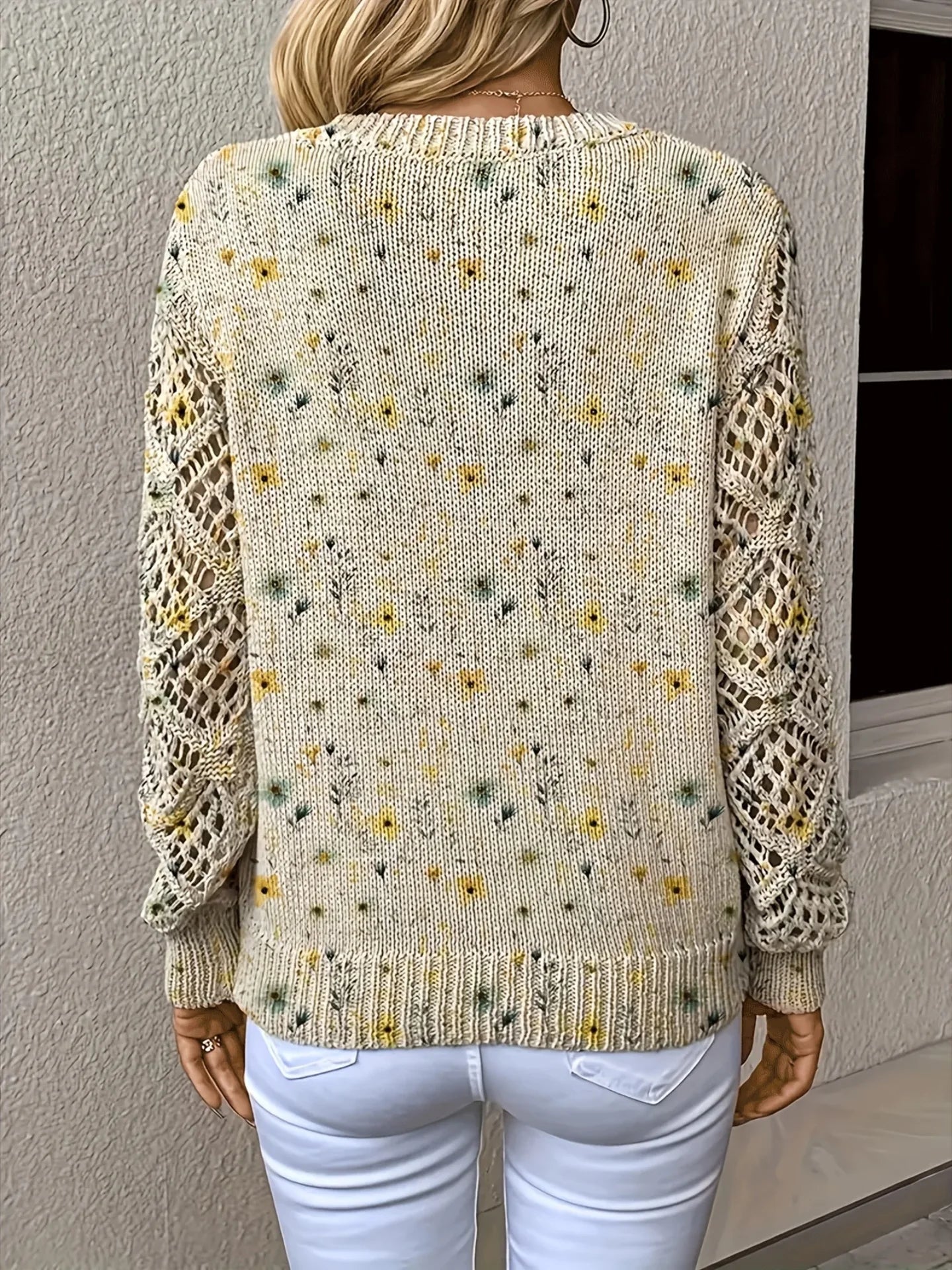 Boho Floral Print V Neck Crocheted Long Sleeved Sweater with Hollowed Out Knit Sleeves in 12 Different Designs
