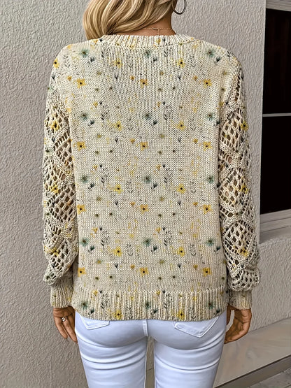 Boho Floral Print V Neck Crocheted Long Sleeved Sweater with Hollowed Out Knit Sleeves in 12 Different Designs