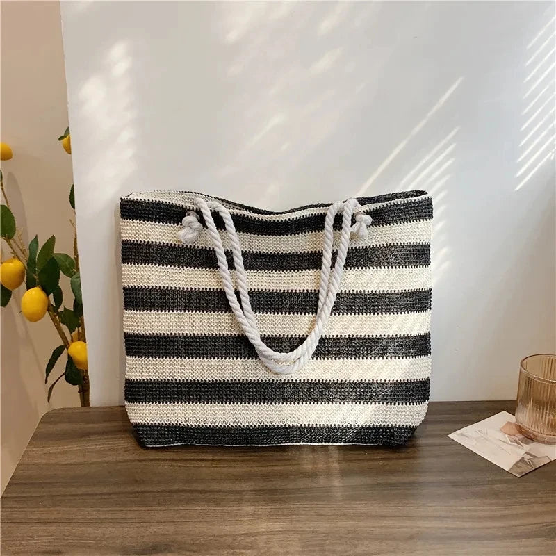 Woven Straw Shoulder Bag Large Capacity Striped 2 Handle Shoulder Bag