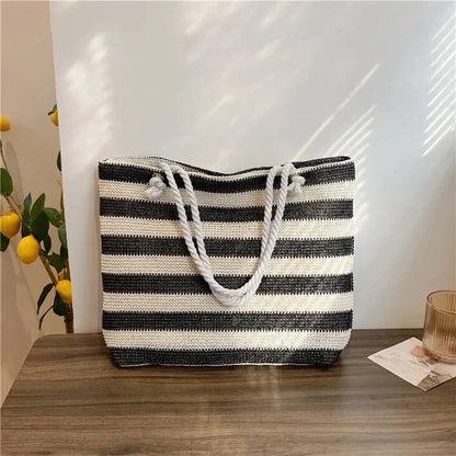 Woven Straw Shoulder Bag Large Capacity Striped 2 Handle Shoulder Bag