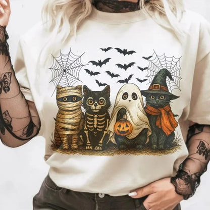 Ghost Cat Halloween Printed White T-Shirt Funny O-Neck Casual Regular T-Shirt