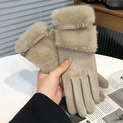 Warm Gloves Fleece Lined Windproof Cold-Resistant Touchscreen Compatible with Plush Decoration