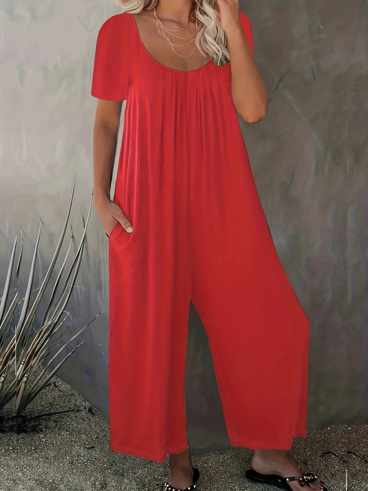 Sizes to 5XL  Jumpsuit, Short Sleeve, U neckline, with pockets. 5 colors