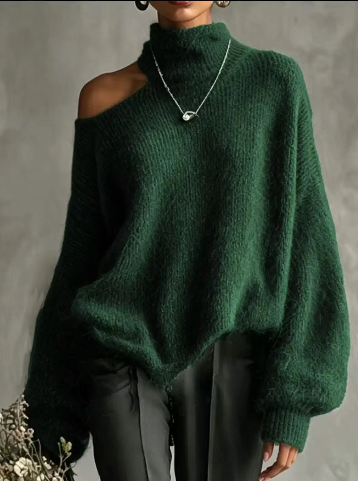 Off-Shoulder High-Collar Loose Knit Pullover, Long Sleeve, 10 Colors in sizes to 2XL