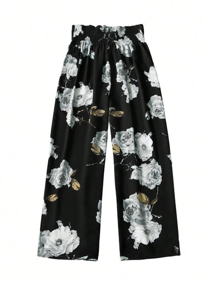 Boho Plus Size Up to 4XL Floral Print Wide Leg, High Elastic Waist with Tie Trousers.  2 Designs