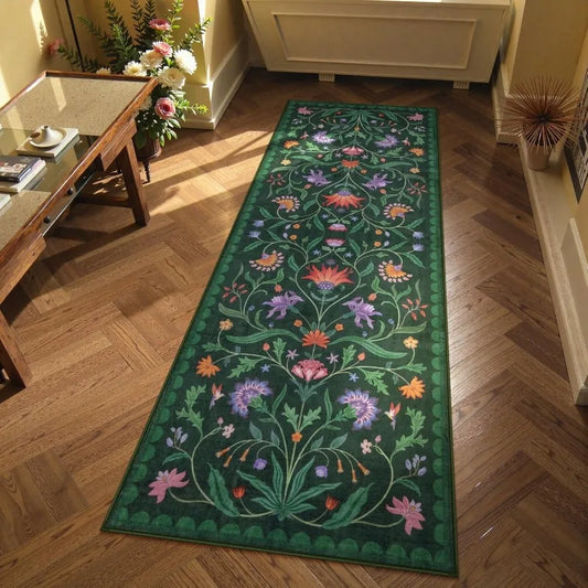 Boho Floral Vine Runner Rug European Classic Carpet with Flower Pattern Vintage Decor Long Non-Slip Mat