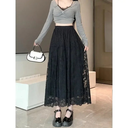 Plus Size to 4XL Lace Midi Skirt  Elastic Waist