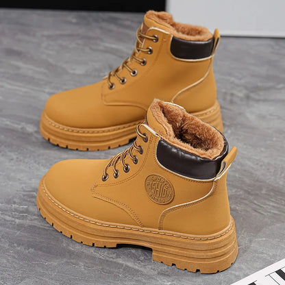 High Top Work Boots, Thick Soled, Lace-Up, Anti-Slip Warm Waterproof Women's Boots in Black and Marigold
