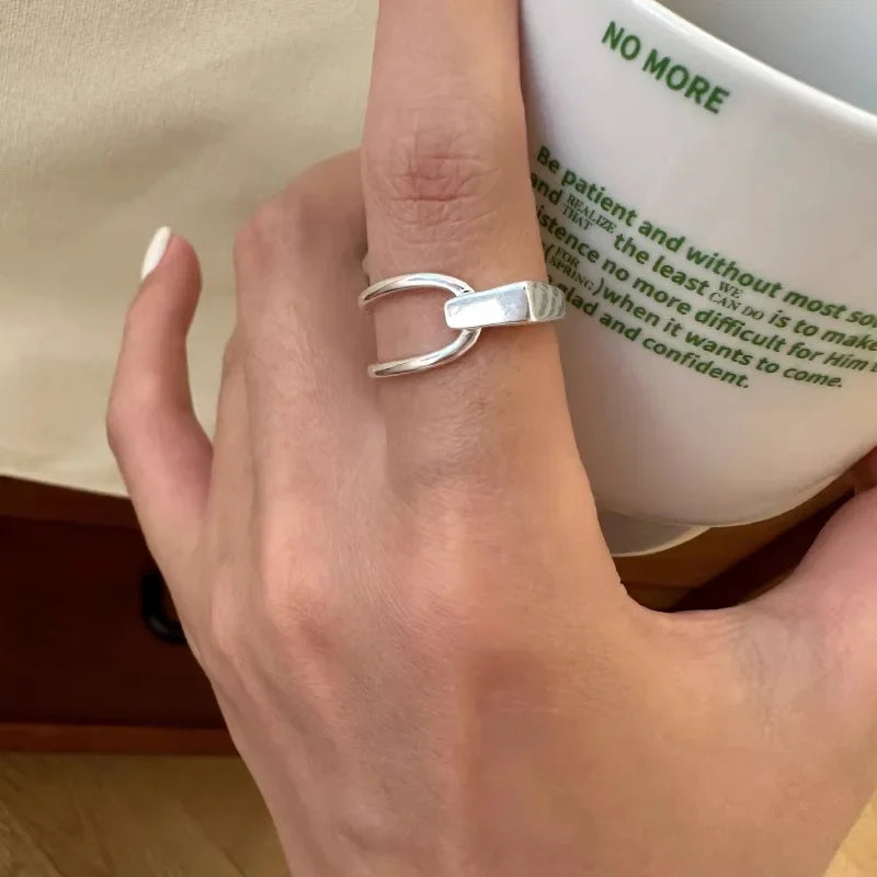 Sterling Silver Rings INS Fashion Vintage Hollow Lines  Adjustable  Jewelry