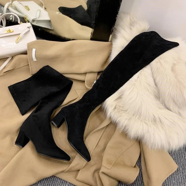 Sexy High Boots Over The Knee, Warm Boots, Suede Back Zipper, Square Heel