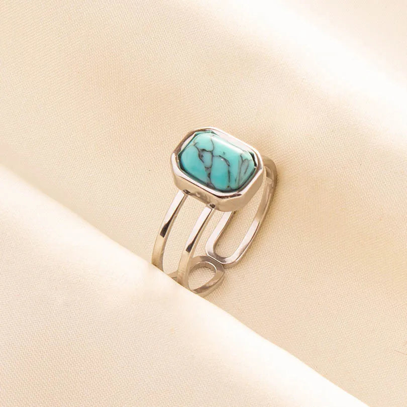 1pc Boho Turquoise Ring Stainless Steel Light Blue Gemstone Silver Adjustable Ring