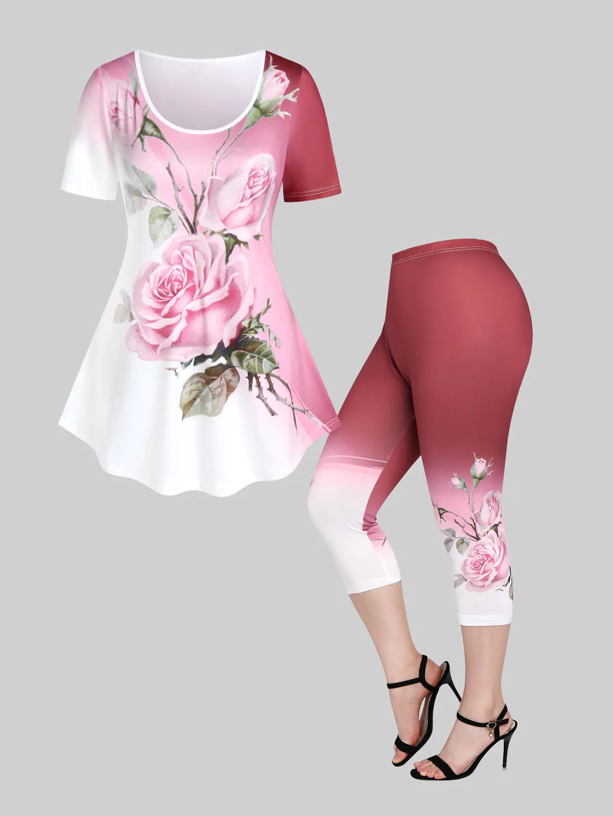 Plus Sizes to 4XL, 3D Printed Outfit, Floral Graphic Top and Matching Capri Leggings
