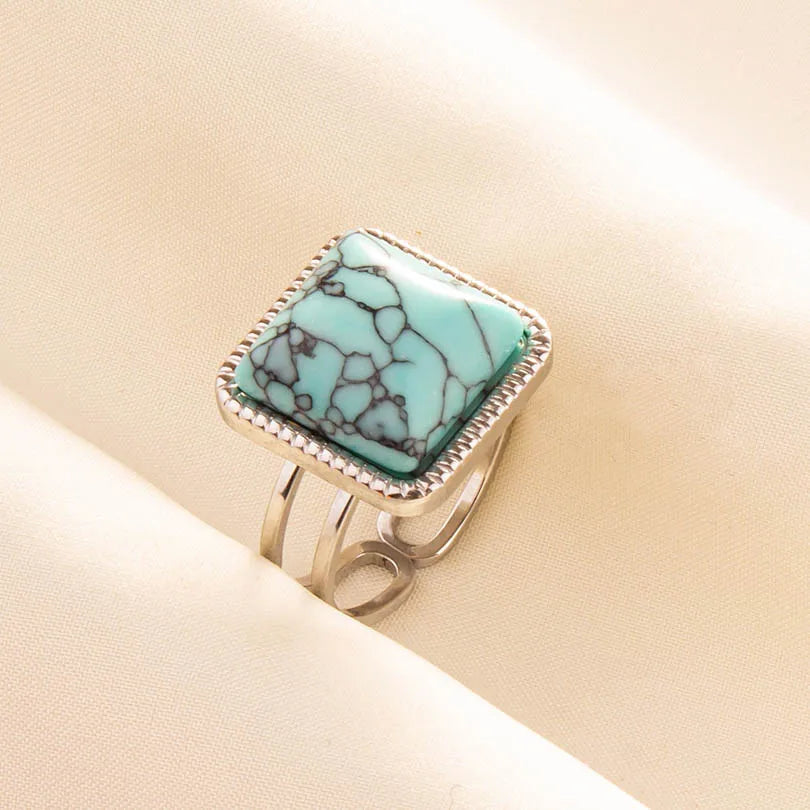 1pc Boho Turquoise Ring Stainless Steel Light Blue Gemstone Silver Adjustable Ring