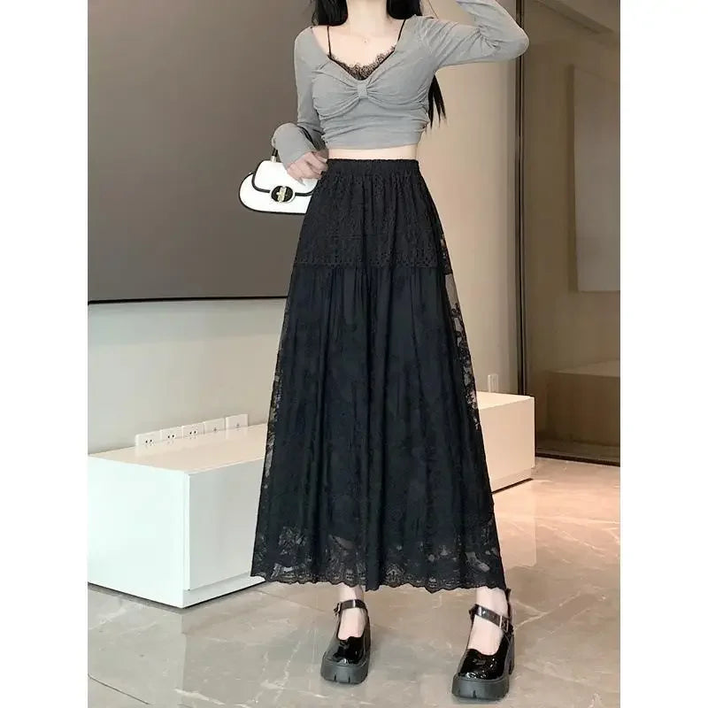 Plus Size to 4XL Lace Midi Skirt  Elastic Waist