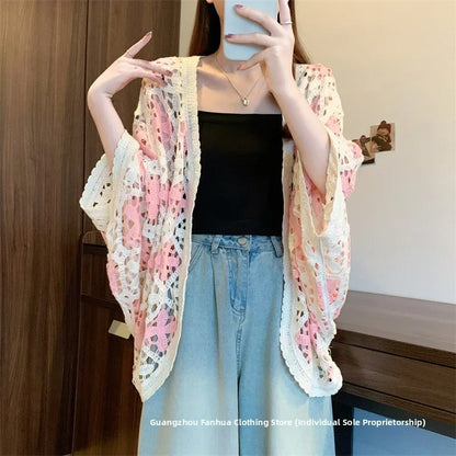 Bohemian Style Hollowed-out Long Sleeve Light Weight Sweater with V Neck and Batwing Sleeves